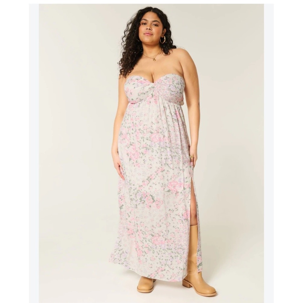 Hollister Floral Strapless Maxi Dress Pink Purple XL Sweetheart Slit Smocked